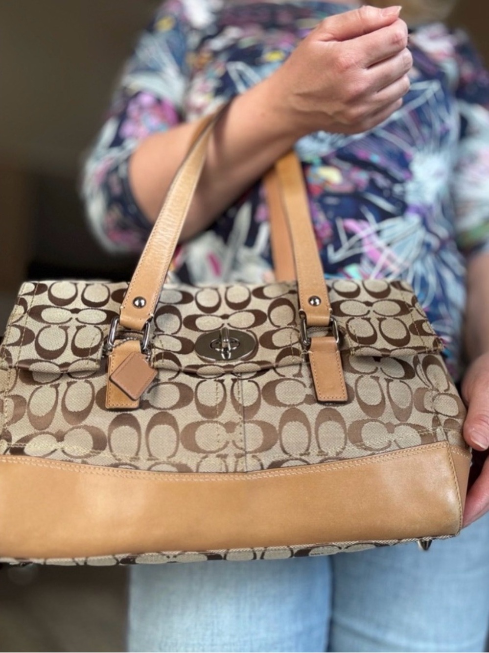 Coach Signature Canvas Shoulder Bag in Beige and Tan